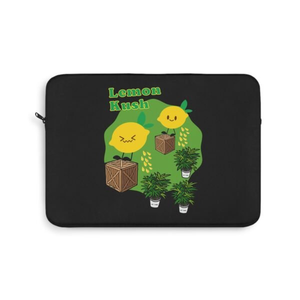 This Lemon Kush laptop sleeve features two weed leaves two lemons standing on boxes squirting lemon juice on weed plants like they are peeing on them. "Lemon Kush is written above the lemons with a green background.