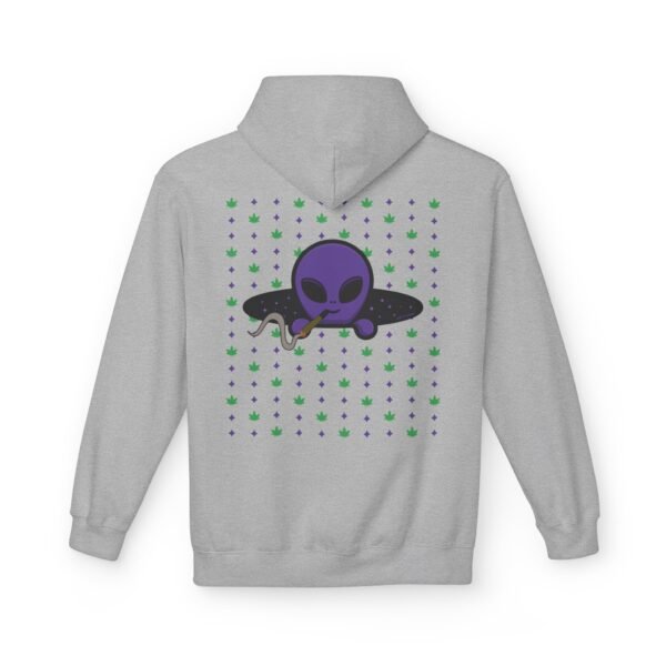 Purple Alien Portal zip up features a purple alien popping out of a black hole smoking a blunt. weed pattern behind alien