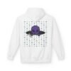 Purple Alien Portal zip up features a purple alien popping out of a black hole smoking a blunt. weed pattern behind alien