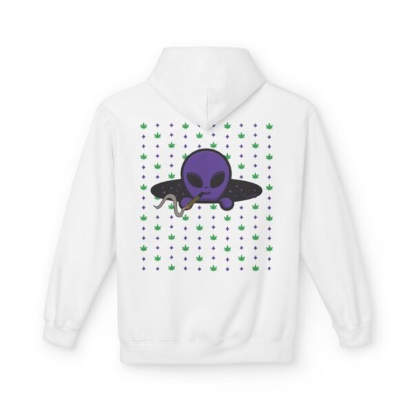Purple Alien Portal zip up features a purple alien popping out of a black hole smoking a blunt. weed pattern behind alien