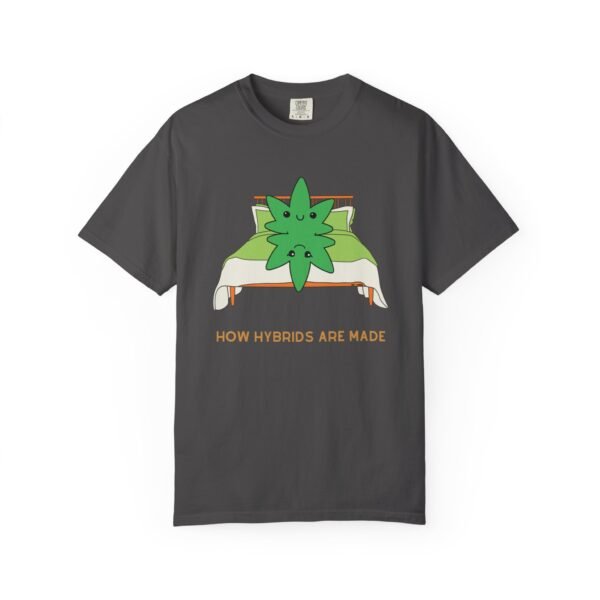 This how hybrids are made t-shirt features two weed leaves laying in bed on top of each other with "How Hybrids Are Made" written below