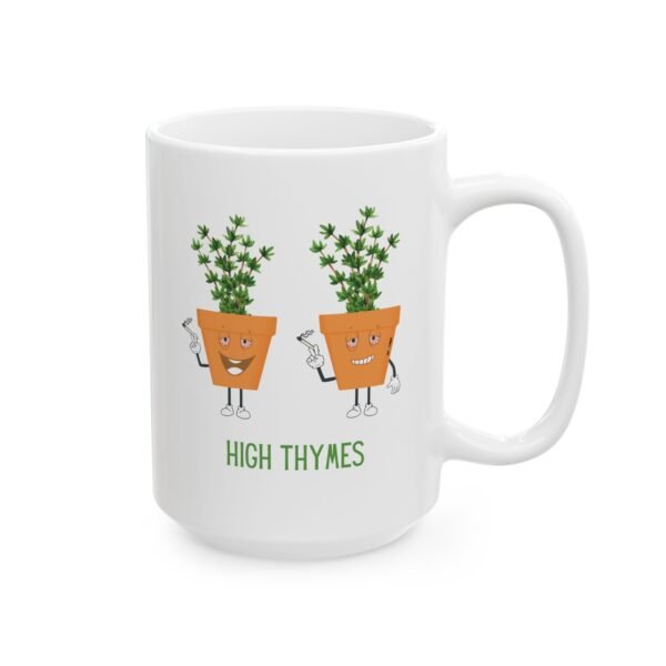 This high thymes mugs features two thyme plants smoking joints with 'High Thymes' written below in green