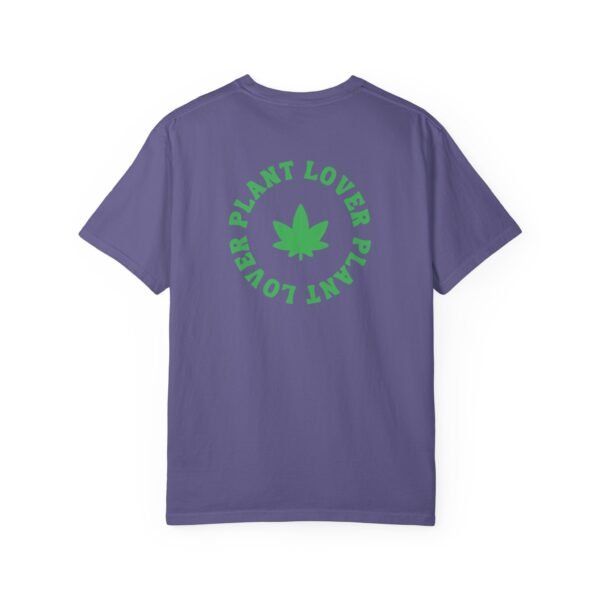 This plant lover weed leaf t-shirt features a bold weed leaf design with 'Plant Lover' written around it, all in a green color same as the weed leaf itself.