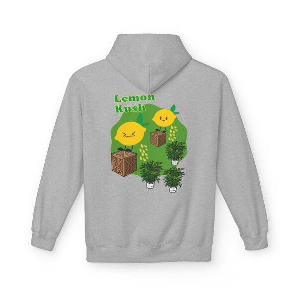 This Lemon Kush hoodie features two weed leaves two lemons standing on boxes squirting lemon juice on weed plants like they are peeing on them. "Lemon Kush is written above the lemons with a green background.