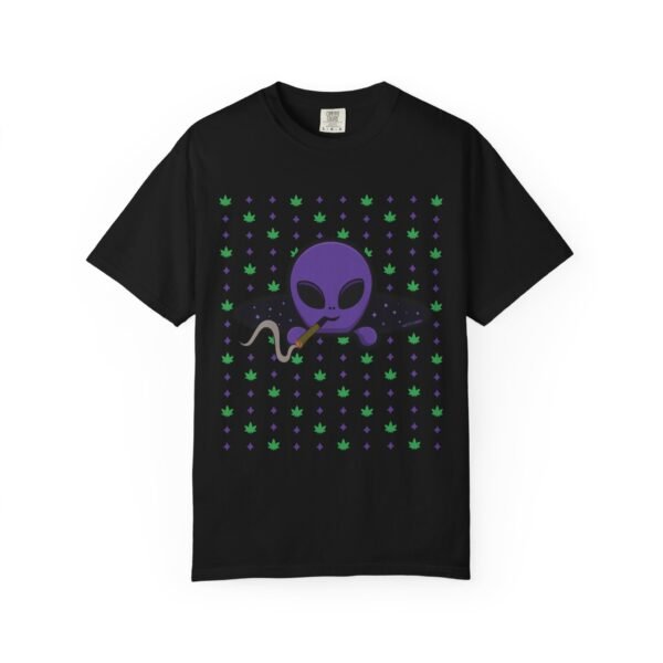 15788443338646780731_2048.jpeg Purple Alien Portal T-shirt features a purple alien popping out of a black hole smoking a blunt. weed pattern behind alien