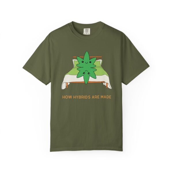 This how hybrids are made t-shirt features two weed leaves laying in bed on top of each other with "How Hybrids Are Made" written below