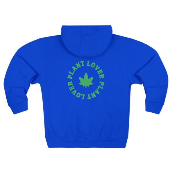 This plant lover zip up features a weed leaf with the words plant lover written around it.