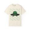 16098235702723235663_2048.jpeg Green Alien Portal T-Shirt features a green alien popping out of a black hole smoking a blunt. weed pattern behind alien
