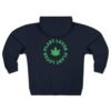 This plant lover zip up features a weed leaf with the words plant lover written around it.