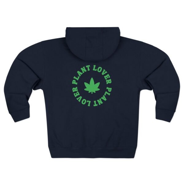 This plant lover zip up features a weed leaf with the words plant lover written around it.