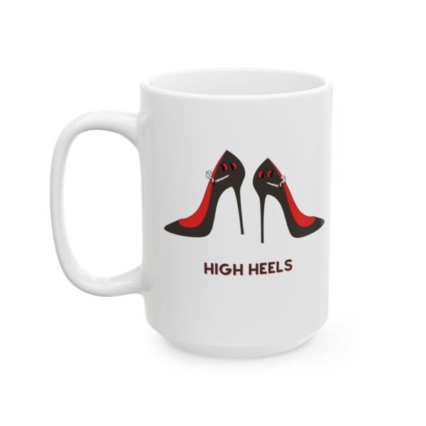 This high heels mugs features two grey high heels smoking joints with 'High Heels' written below in red.