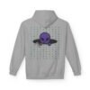 Purple Alien Portal zip up features a purple alien popping out of a black hole smoking a blunt. weed pattern behind alien