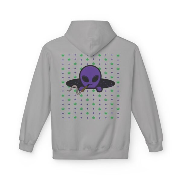 Purple Alien Portal zip up features a purple alien popping out of a black hole smoking a blunt. weed pattern behind alien
