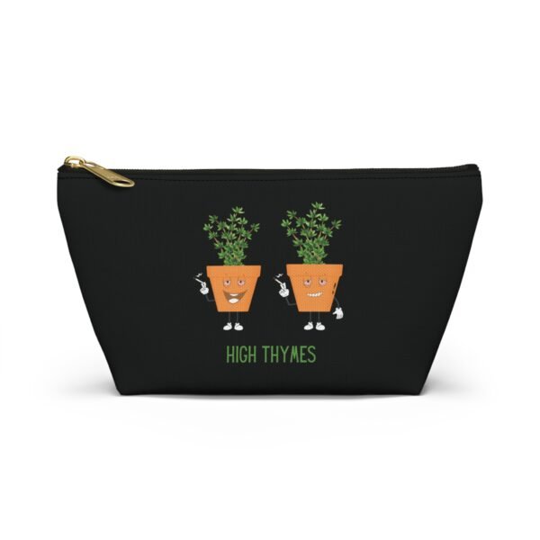 This high thymes accessory pouch t-bottom features two thyme plants smoking joints with 'High Thymes' written below in green