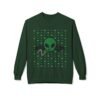 Green Alien Portal Sweatshirt t features a green alien popping out of a black hole smoking a blunt. weed pattern behind alien