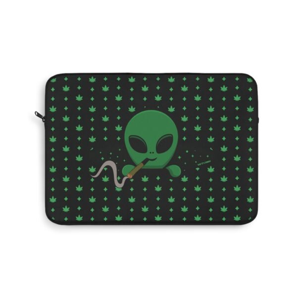 green Alien Portal laptop sleeve features a green alien popping out of a black hole smoking a blunt. weed pattern behind alien