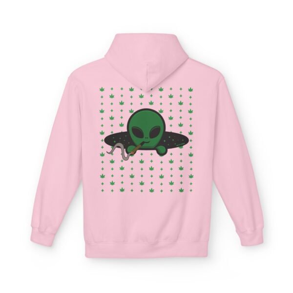 Green Alien Portal Hoodie features a green alien popping out of a black hole smoking a blunt. weed pattern behind alien
