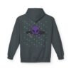 Purple Alien Portal zip up features a purple alien popping out of a black hole smoking a blunt. weed pattern behind alien