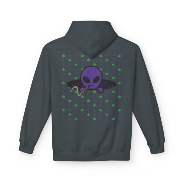 Purple Alien Portal zip up features a purple alien popping out of a black hole smoking a blunt. weed pattern behind alien