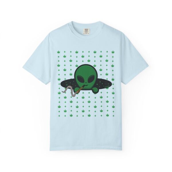 16884832373865711346_2048.jpeg Green Alien Portal T-Shirt features a green alien popping out of a black hole smoking a blunt. weed pattern behind alien