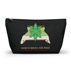 This how hybrids are made accessory pouch t-bag features two weed leaves laying in bed on top of each other with "How Hybrids Are Made" written below