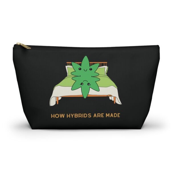 This how hybrids are made accessory pouch t-bag features two weed leaves laying in bed on top of each other with "How Hybrids Are Made" written below
