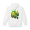 This Lemon Kush hoodie features two weed leaves two lemons standing on boxes squirting lemon juice on weed plants like they are peeing on them. "Lemon Kush is written above the lemons with a green background.