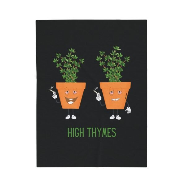 This high thymes blanket features two thyme plants smoking joints with 'High Thymes' written below in green