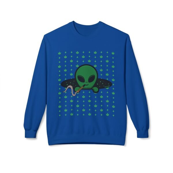Green Alien Portal Sweatshirt t features a green alien popping out of a black hole smoking a blunt. weed pattern behind alien