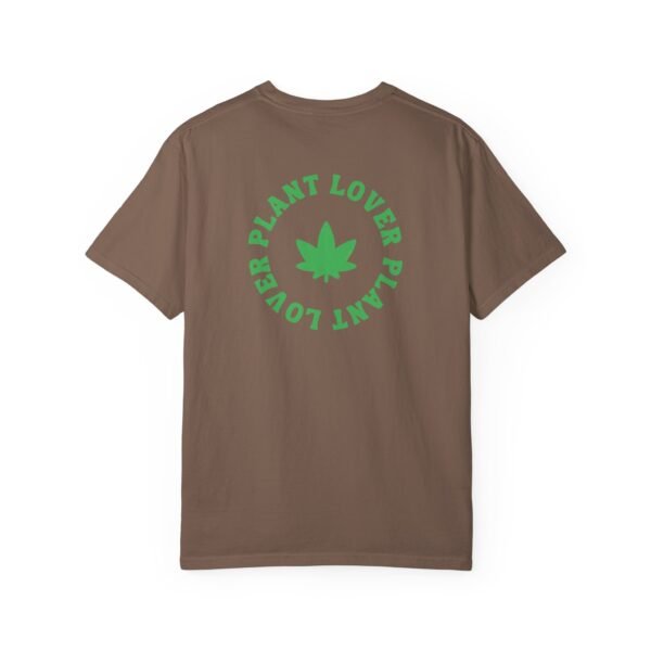 This plant lover weed leaf t-shirt features a bold weed leaf design with 'Plant Lover' written around it, all in a green color same as the weed leaf itself.