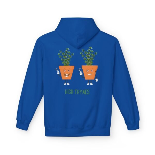 This high thymes hoodie features two thyme plants smoking joints with 'High Thymes' written below in green