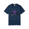 17696664524125366036_2048.jpeg Purple Alien Portal T-shirt features a purple alien popping out of a black hole smoking a blunt. weed pattern behind alien