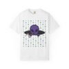 17856596847241293765_2048.jpeg Purple Alien Portal T-shirt features a purple alien popping out of a black hole smoking a blunt. weed pattern behind alien