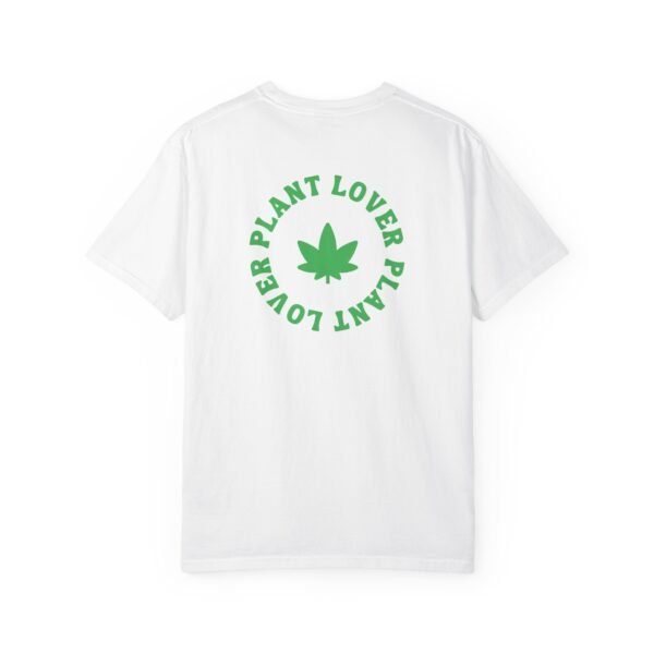 This plant lover weed leaf t-shirt features a bold weed leaf design with 'Plant Lover' written around it, all in a green color same as the weed leaf itself.