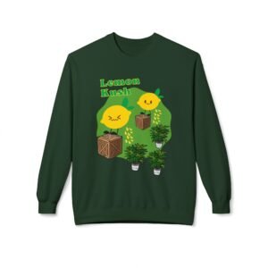 This Lemon Kush Sweatshirt features two weed leaves two lemons standing on boxes squirting lemon juice on weed plants like they are peeing on them. "Lemon Kush is written above the lemons with a green background.