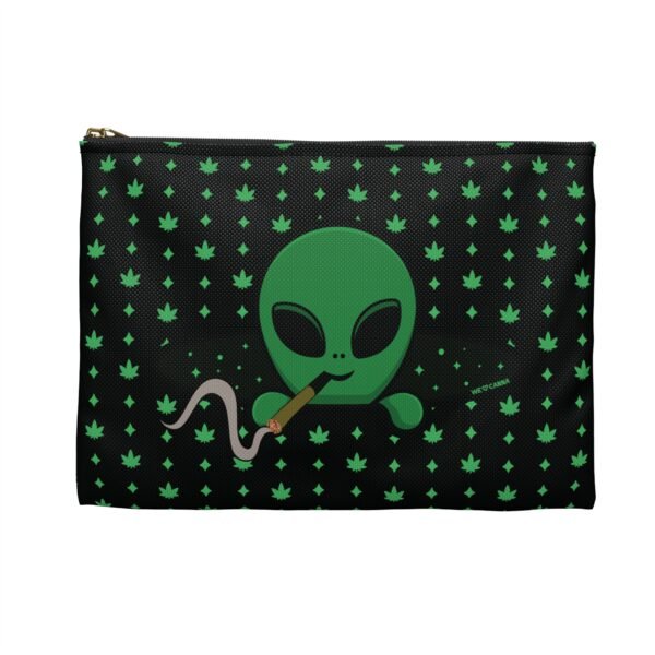 Green Alien Portal Accessory Pouch features a green alien popping out of a black hole smoking a blunt. weed pattern behind alien