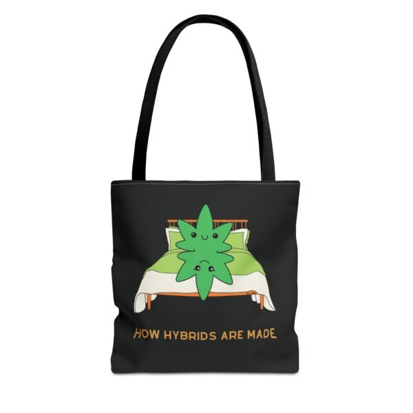 This how hybrids are made tote bag features two weed leaves laying in bed on top of each other with "How Hybrids Are Made" written below