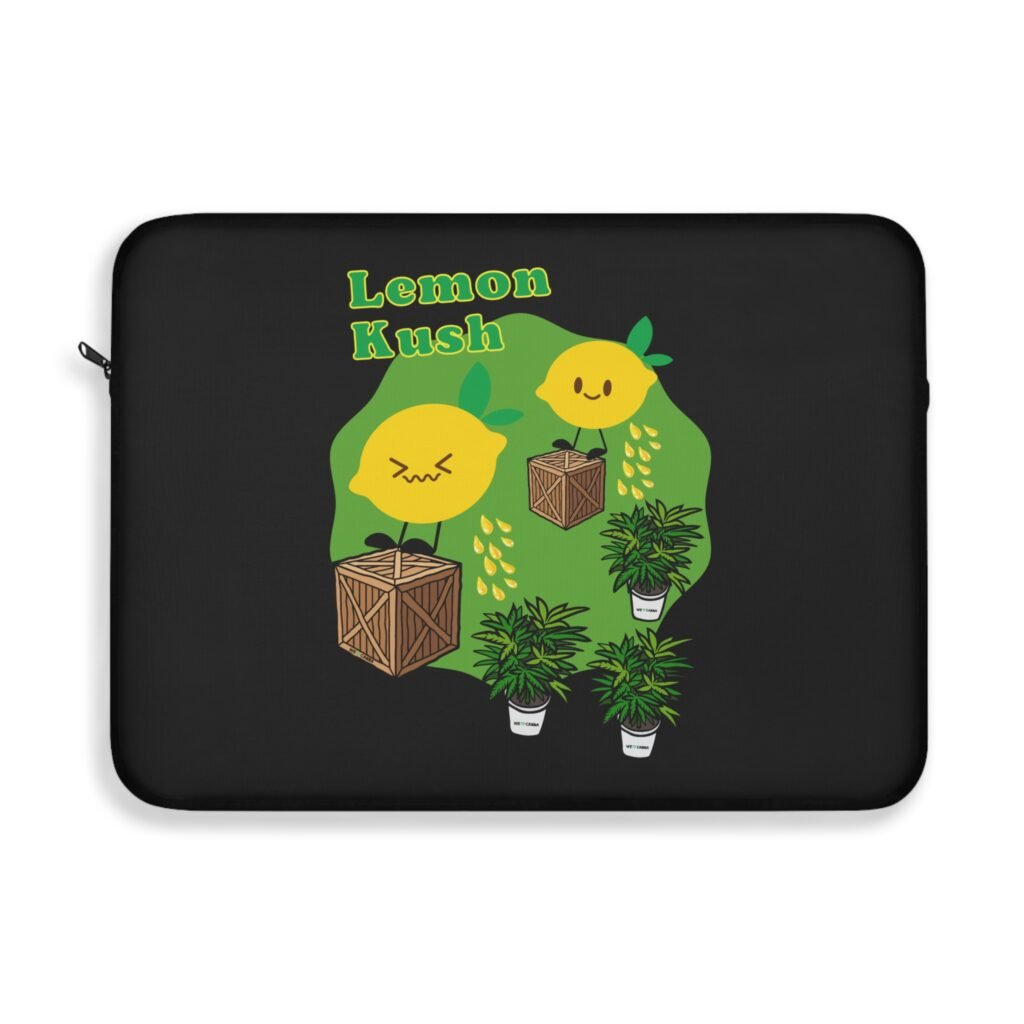 This Lemon Kush laptop sleeve features two weed leaves two lemons standing on boxes squirting lemon juice on weed plants like they are peeing on them. "Lemon Kush is written above the lemons with a green background.