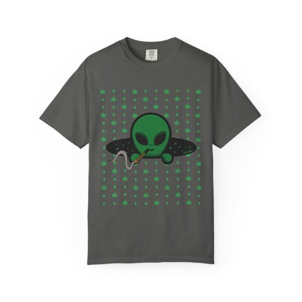 1971368719019960011_2048.jpeg Green Alien Portal T-Shirt features a green alien popping out of a black hole smoking a blunt. weed pattern behind alien