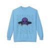 Purple Alien Portal sweatshirt features a purple alien popping out of a black hole smoking a blunt. weed pattern behind alien