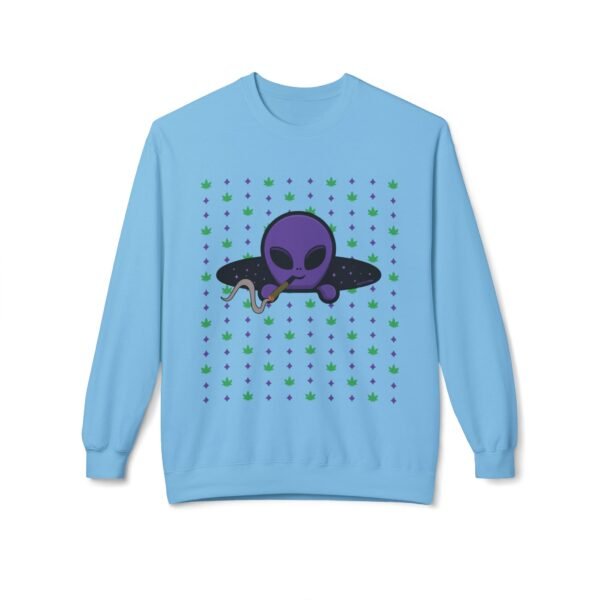 Purple Alien Portal sweatshirt features a purple alien popping out of a black hole smoking a blunt. weed pattern behind alien