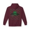 Green Alien Portal Hoodie features a green alien popping out of a black hole smoking a blunt. weed pattern behind alien