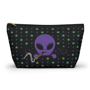 Purple Alien Portal Accessory Pouch features a purple alien popping out of a black hole smoking a blunt. weed pattern behind alien