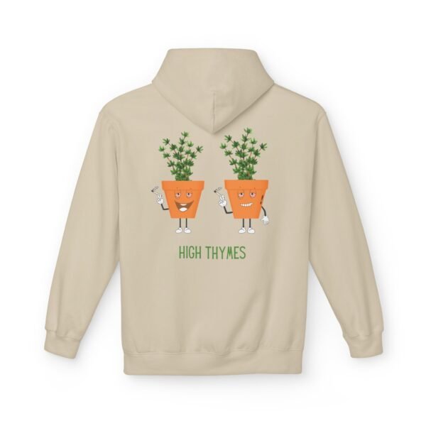 This high thymes hoodie features two thyme plants smoking joints with 'High Thymes' written below in green