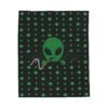 Green Alien Portal blanket features a green alien popping out of a black hole smoking a blunt. weed pattern behind alien