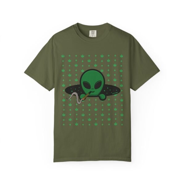 2435739589309206260_2048.jpeg Green Alien Portal T-Shirt features a green alien popping out of a black hole smoking a blunt. weed pattern behind alien