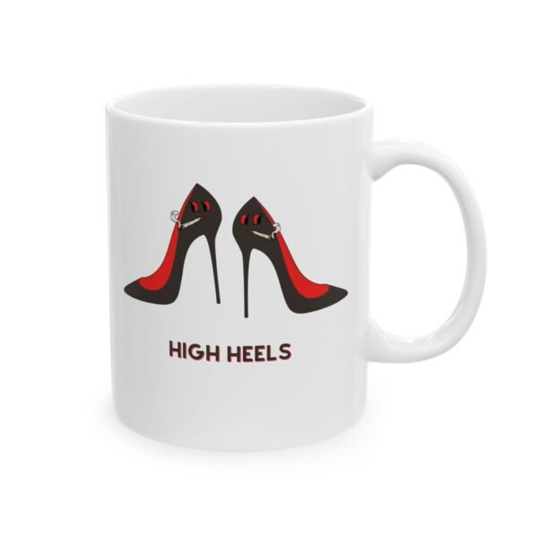 This high heels mug features two grey high heels smoking joints with 'High Heels' written below in red.