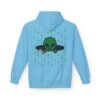 Green Alien Portal Hoodie features a green alien popping out of a black hole smoking a blunt. weed pattern behind alien