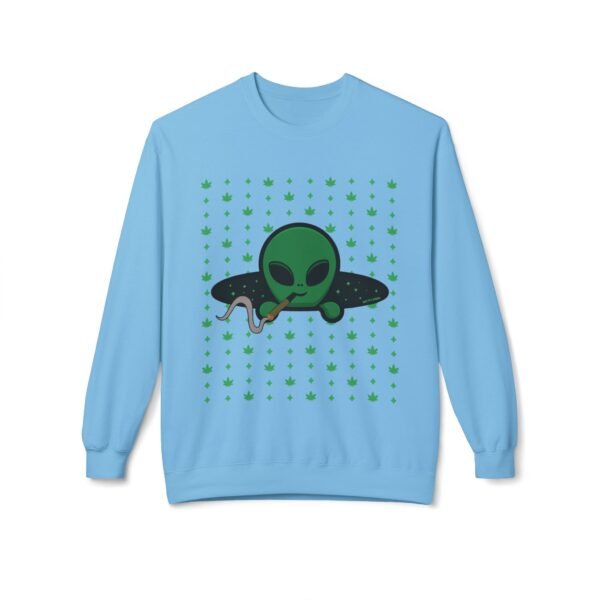 Green Alien Portal Sweatshirt t features a green alien popping out of a black hole smoking a blunt. weed pattern behind alien