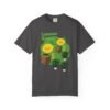 This Lemon Kush T-shirt features two weed leaves two lemons standing on boxes squirting lemon juice on weed plants like they are peeing on them. "Lemon Kush is written above the lemons with a green background.